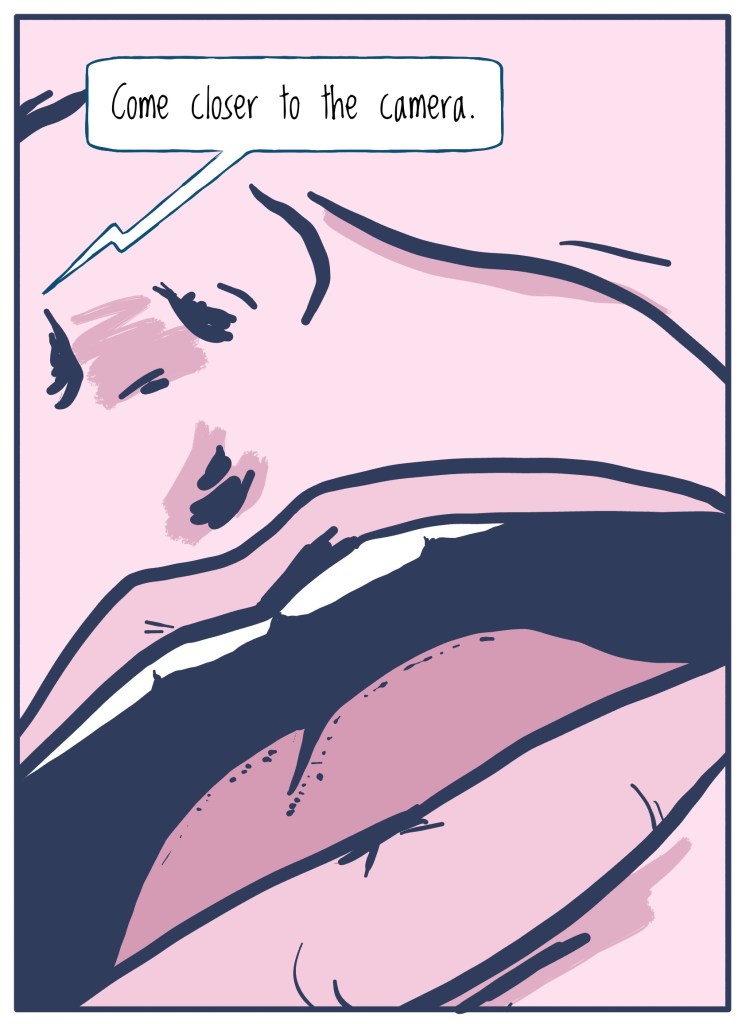 Patient leaned into camera with open mouth and doctor asking patient to come closer. 