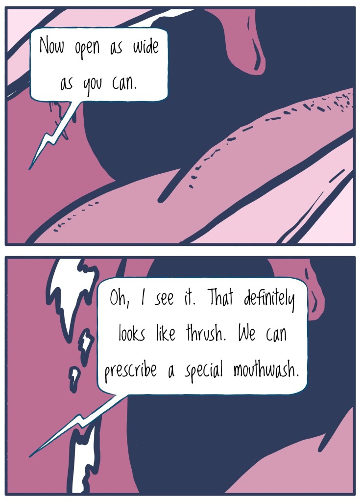 Doctor saying "open wide" as camera zooms in.