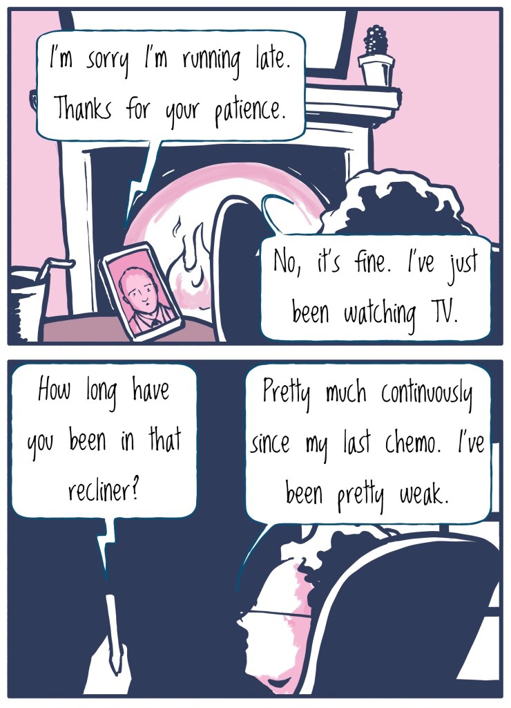 Doctor on smartphone thanking patient for their patient. Patient sitting in recliner by the fireplace explains that it's fine, "I've just been watching TV." 