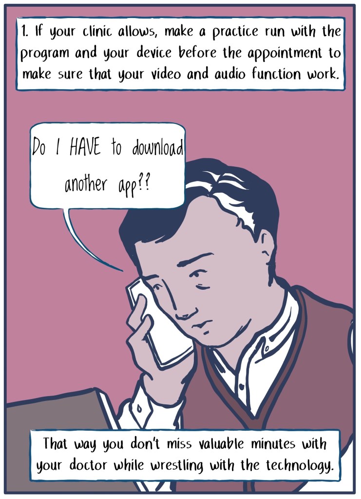 1) Make a practice run with the device and software before your appointment. Image shows patient making a call. 